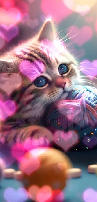 Adorable kitten with colorful yarn balls in cozy light.