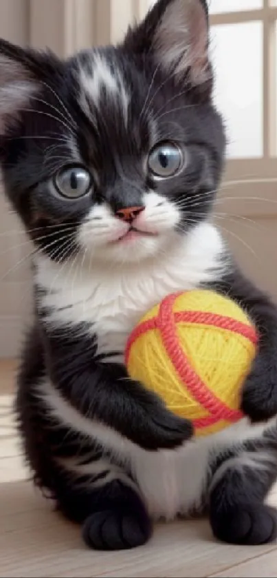 Black and white kitten cuddling a yellow yarn ball, perfect for wallpaper.