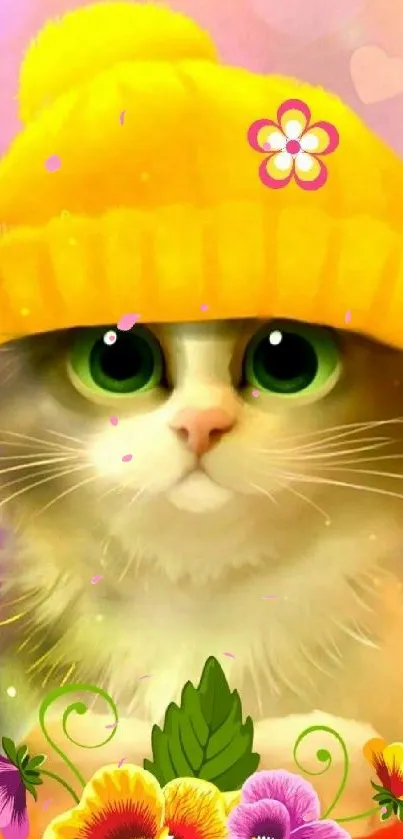 Cute kitten in yellow hat with colorful flowers on a vibrant background.