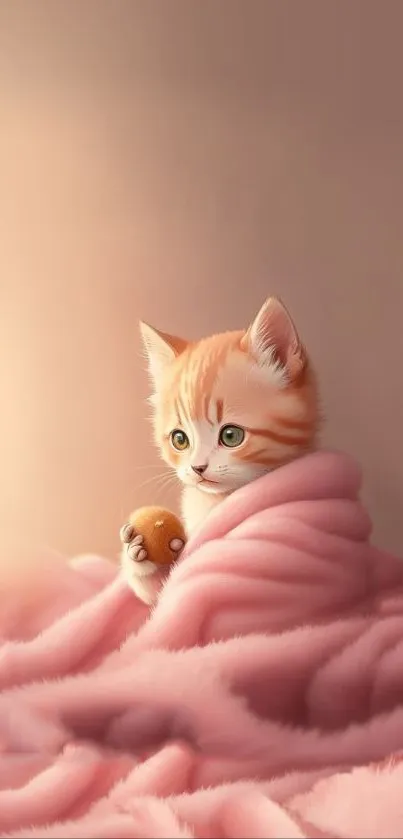 Cute orange kitten wrapped in pink blanket.