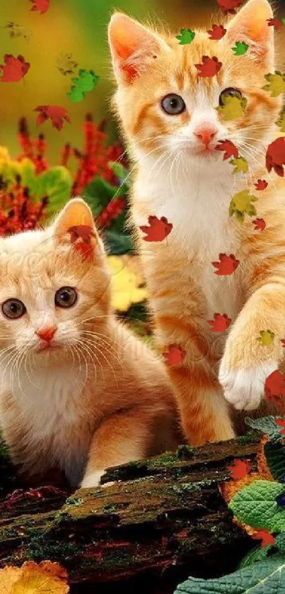 Two cute kittens sit among colorful autumn leaves.