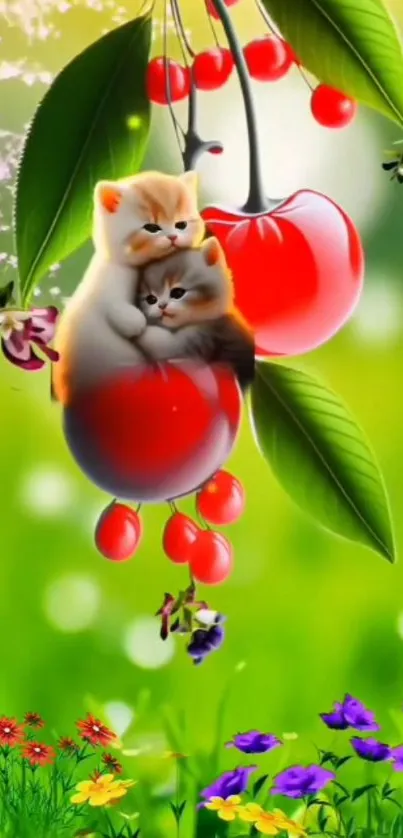 Cute kittens nestled in bright red cherries with flowers and green leaves.