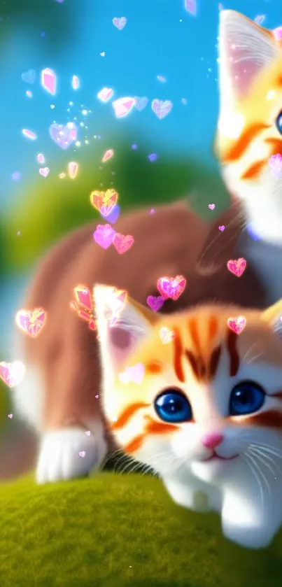 Adorable kittens with vibrant heart bubbles on a colorful background.