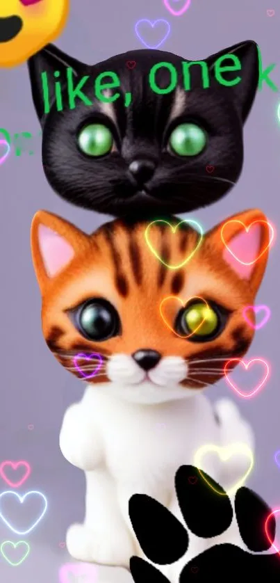 Stacked kittens with neon hearts mobile wallpaper.