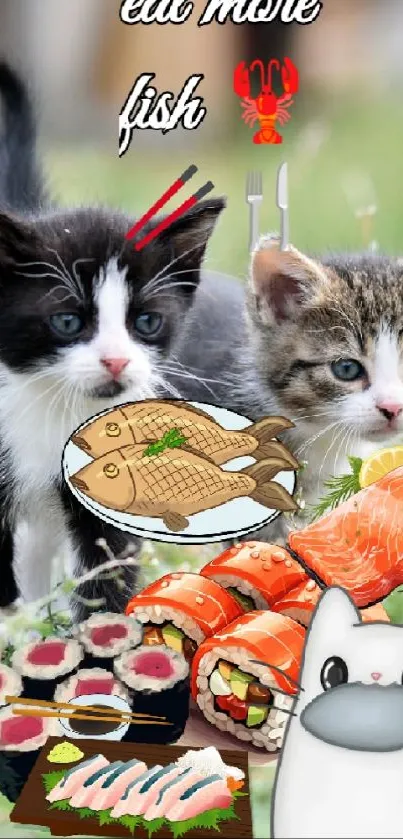 Cute kittens enjoying a variety of sushi amidst a lively backdrop.