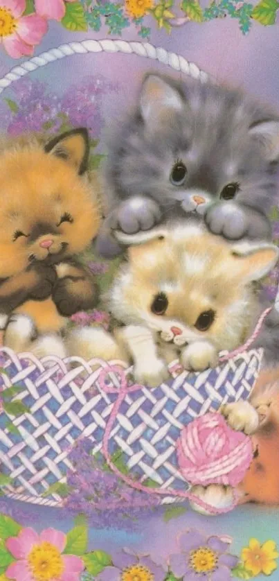 Adorable kittens sitting in a basket with colorful flowers on a lavender background.