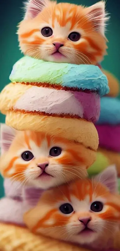 Cute kittens stacked like colorful ice cream cones in a vibrant mobile wallpaper.