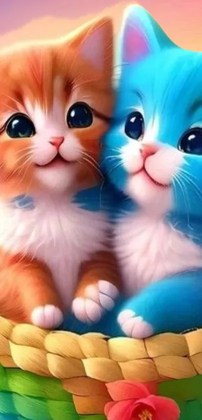 Adorable kittens sitting in a colorful basket wallpaper.