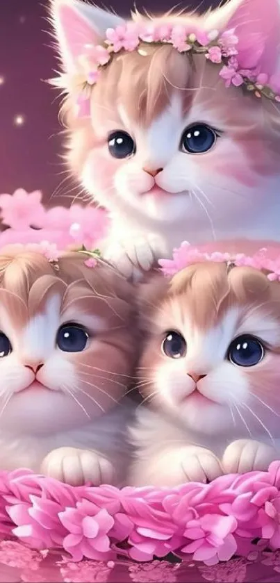 Three cute kittens with pink flower crowns sitting in a floral basket.