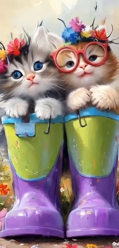 Two adorable kittens in boots with flowers.