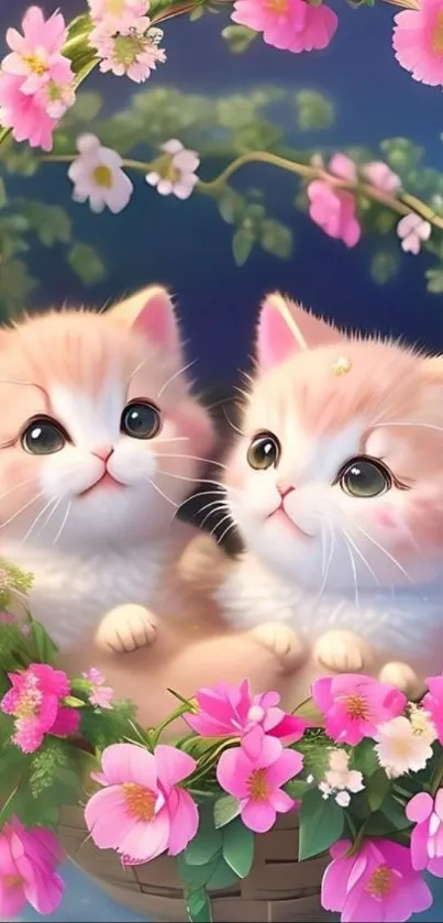 Adorable kittens in a basket with pink flowers, perfect for mobile wallpaper.