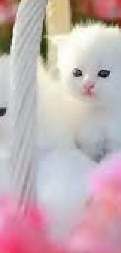 Two fluffy white kittens in a basket with pink flowers.