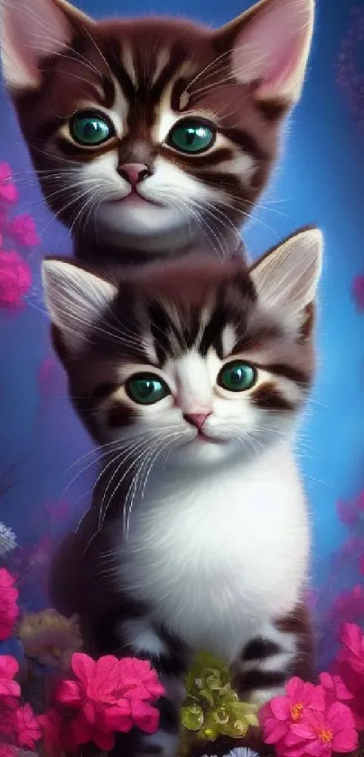 Adorable kittens with pink flowers on blue background wallpaper.