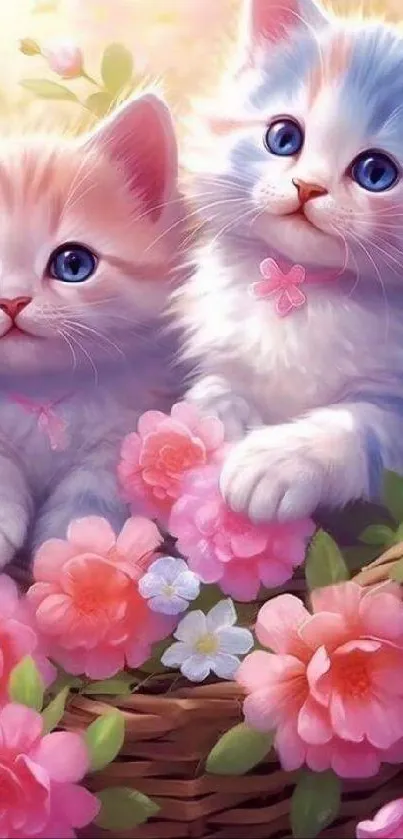 Two adorable kittens in a flower-filled basket wallpaper.