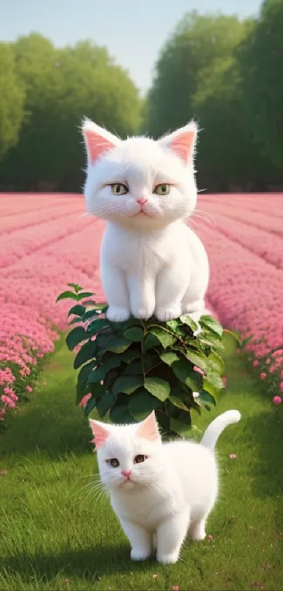 Two cute white kittens in a colorful flower field with lush greenery.