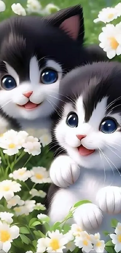 Two cute black and white kittens in a lush flower garden.