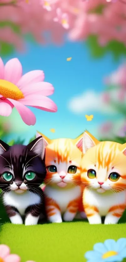 Three cute kittens in a colorful flower garden; ideal for mobile wallpaper.