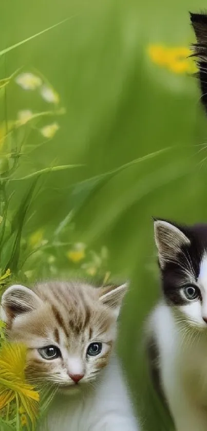 Three cute kittens in a green field with flowers.