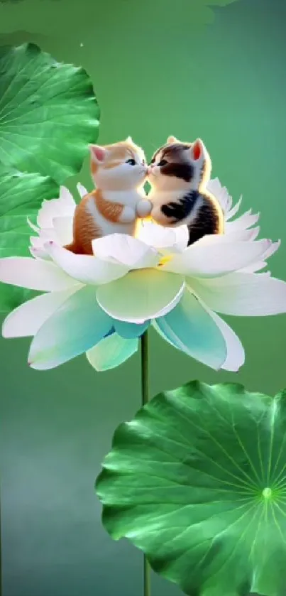 Two kittens snuggling in a lotus blossom with green leaves background.