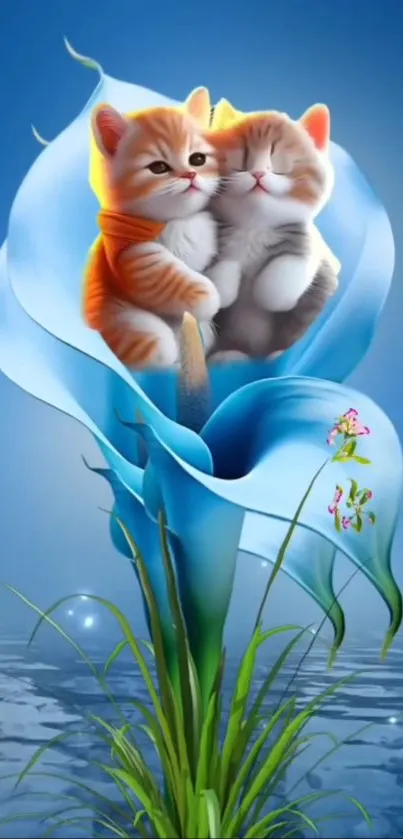 Cute kittens nestled in a magical blue flower with sparkling water backdrop.