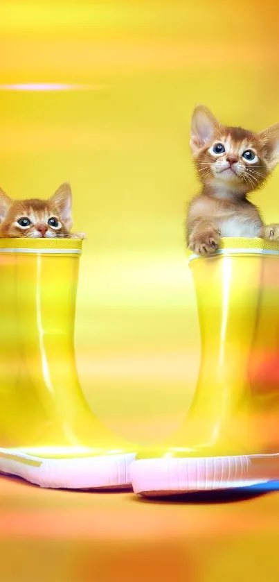 Two kittens peeking out of yellow boots on a bright background.