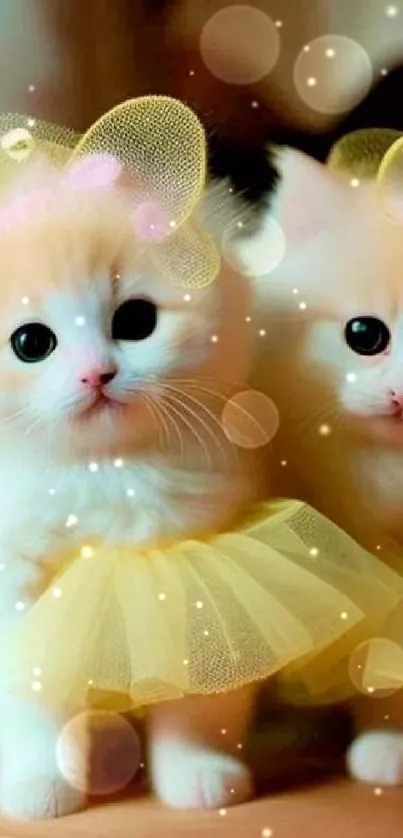 Two kittens dressed in yellow tutus, looking adorable and playful.