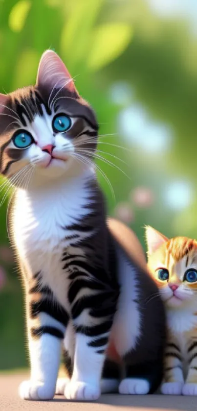 Two cute kittens with a green leafy background.