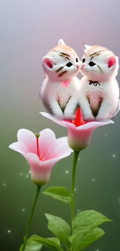 Two cute kittens on a pink flower with green background.