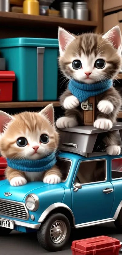 Two kittens in blue sweaters on a toy mini car.