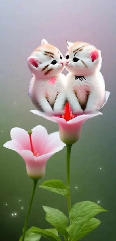 Two cute kittens sitting on a flower, creating a charming mobile wallpaper.