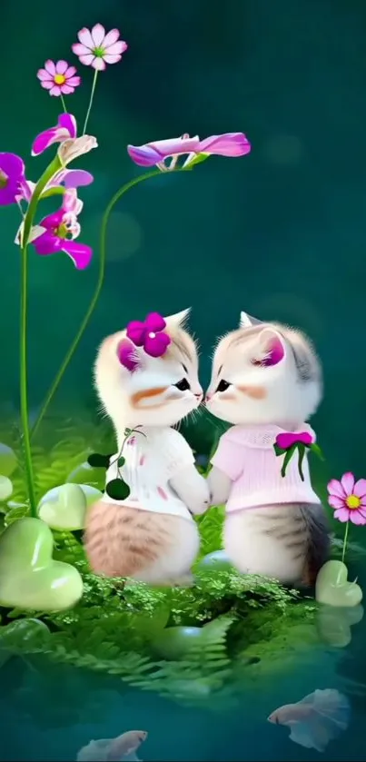 Cute kittens in sweaters with flowers on green leaves in mobile wallpaper.