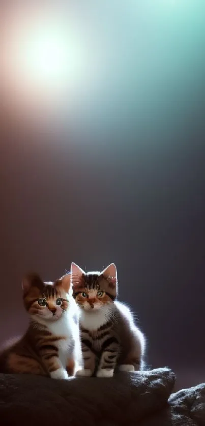 Two cute kittens sitting on a rock under a glowing, mystical sky.