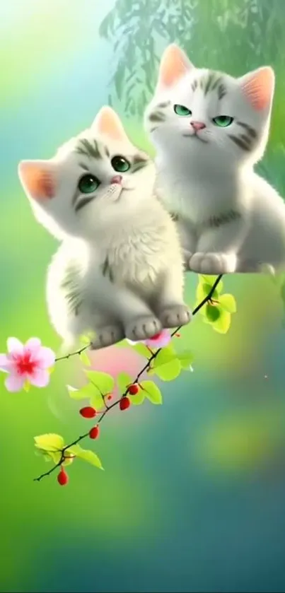 Adorable kittens perched on a spring branch, set against a vibrant green backdrop.