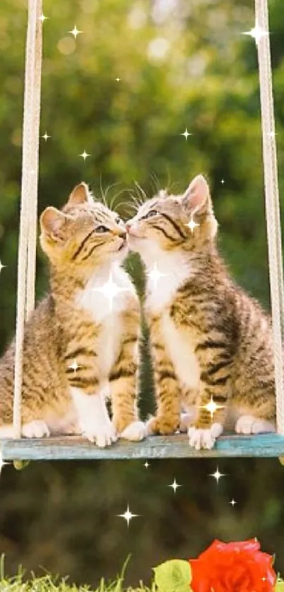 Two adorable kittens on a swing with a red rose below.