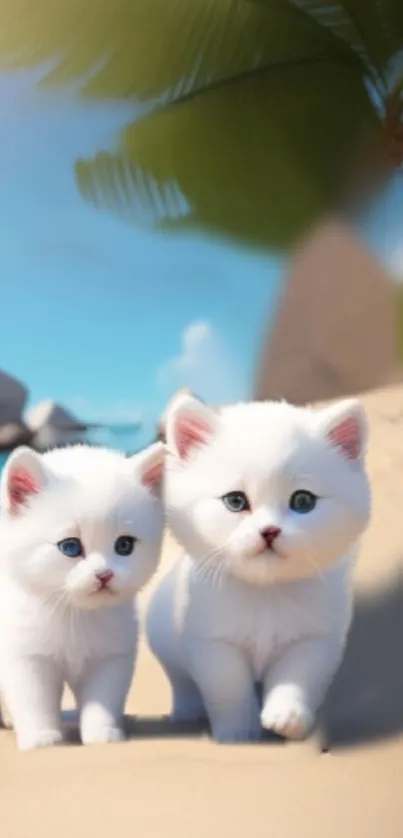 Two fluffy white kittens stroll on a tropical beach with palm fronds overhead.