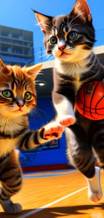 Adorable kittens dribble a basketball with charm and playfulness on a court.