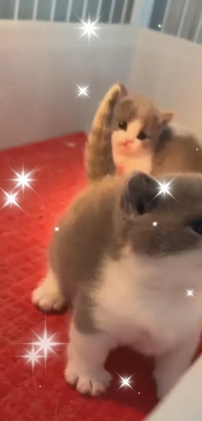 Cute gray and white kittens on a red mat with sparkling stars.