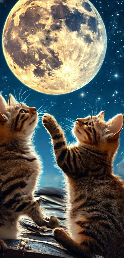 Two kittens gaze at the luminous full moon in a starry night sky.