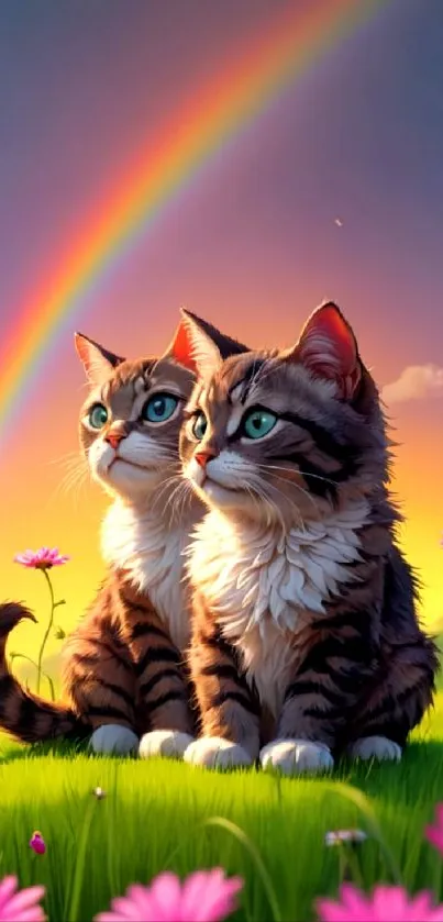 Cute kittens sit in a colorful field under a vivid rainbow at sunset.