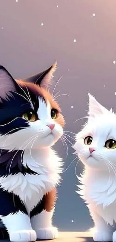 Two cute kittens under a starry sky, one white and one calico, on a mobile wallpaper.