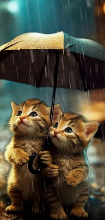 Two cute kittens under a black umbrella in the rain.