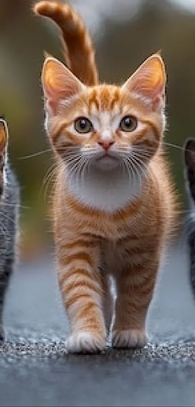 Three cute kittens walking outdoors.