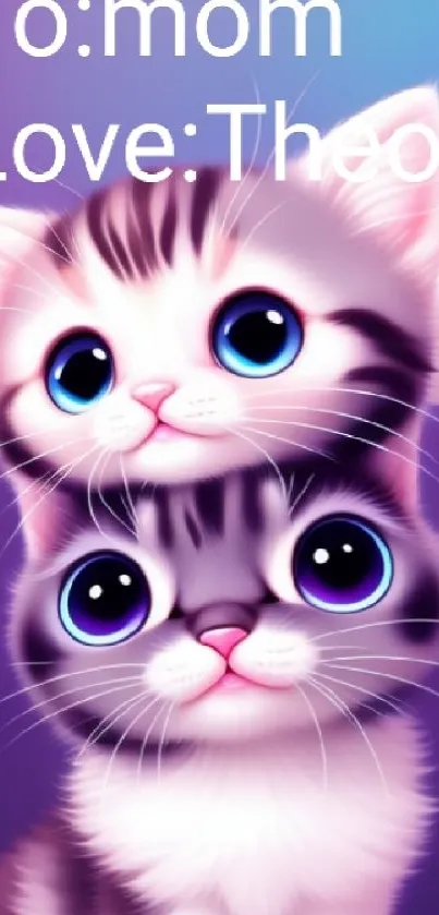 Adorable digital art of cute kittens with big eyes and purple background.