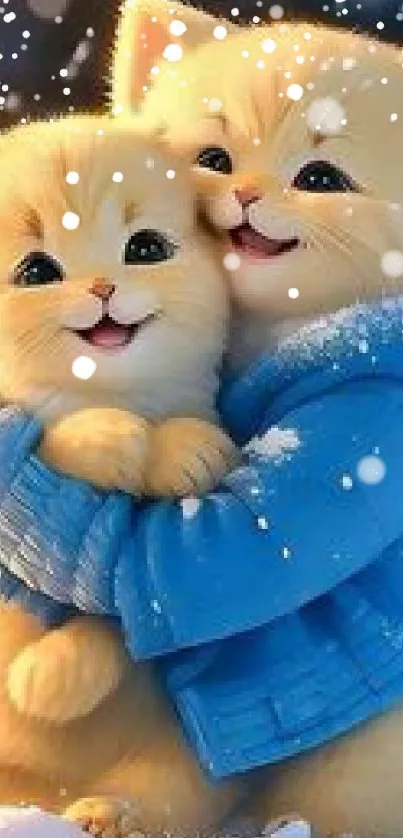 Two cute kittens hugging in winter snow.