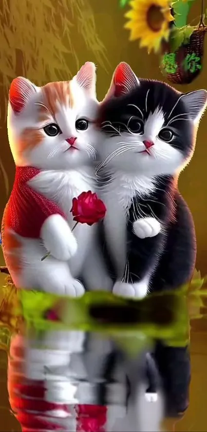 Adorable kittens hold a rose by a pond in autumn.