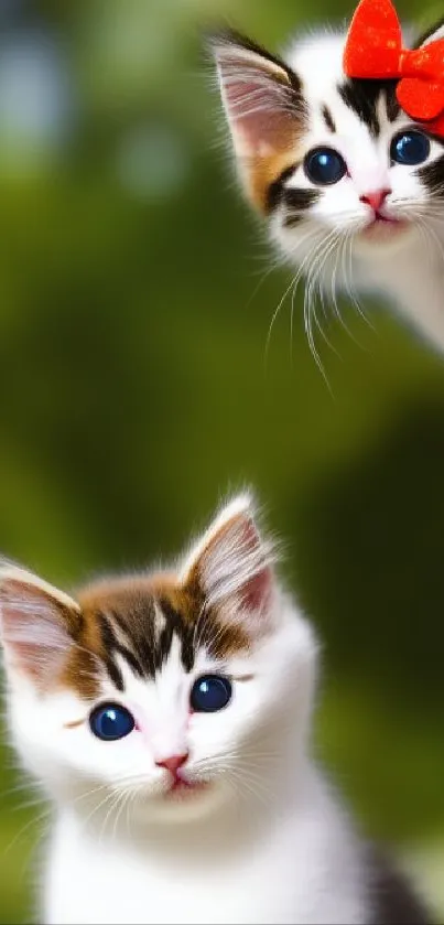 Two cute kittens with a red bow against a green background.