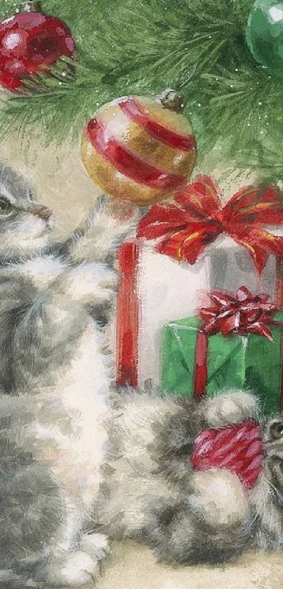 Two adorable kittens play with Christmas ornaments and gifts.