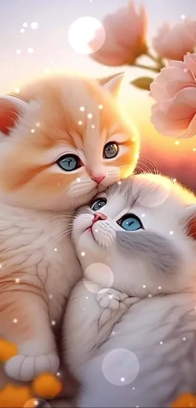 Cute fluffy kittens with pastel flowers background.