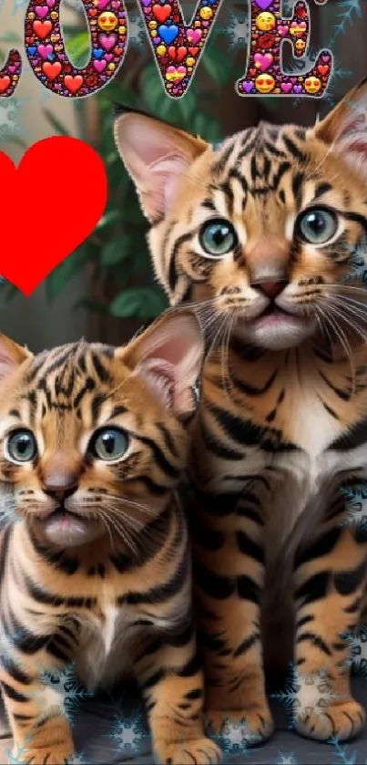 Two cute Bengal kittens with hearts and 'Love' text.