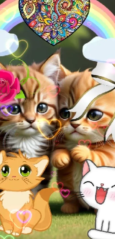 Cute kittens with rainbow heart and floral design.